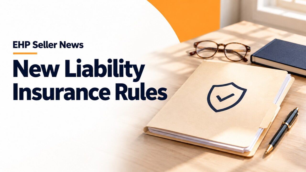 A document folder marked with a shield and check mark beside reading glasses and a notebook, with the headline New Liability Insurance Rules