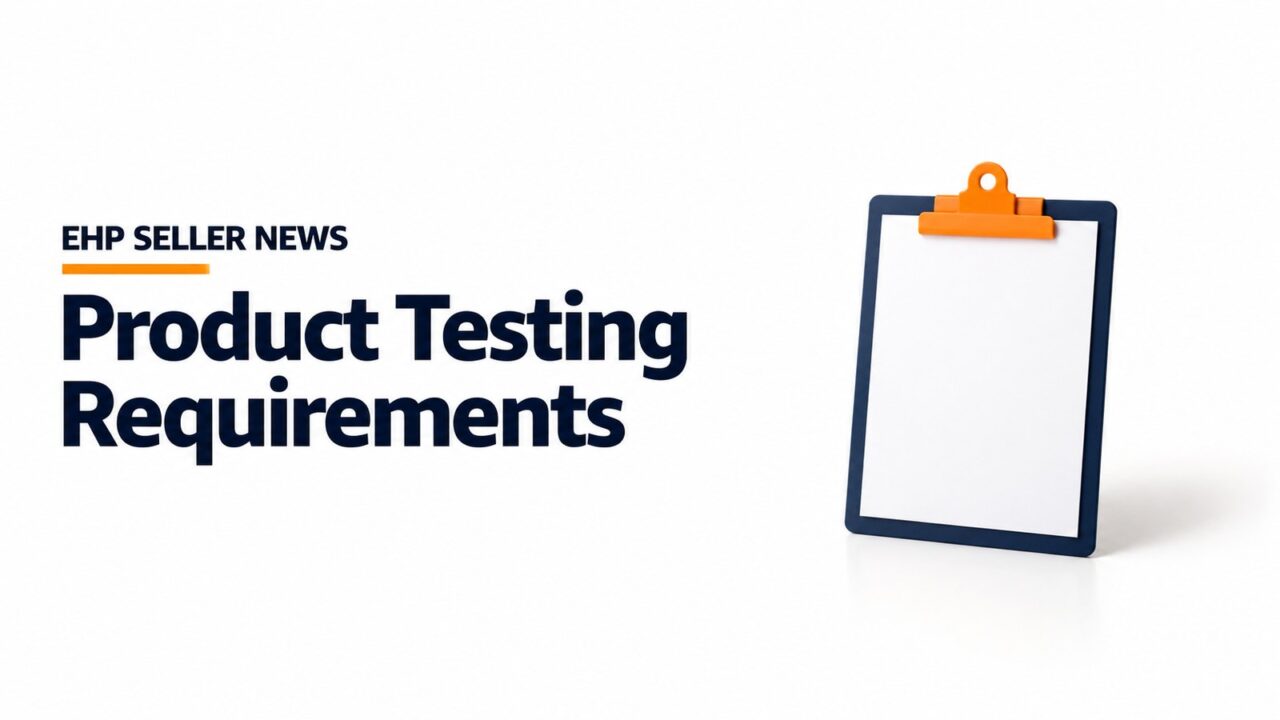 A small navy clipboard with a blank sheet and an orange clip beside the headline Product Testing Requirements