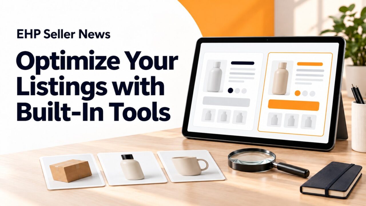 A tablet showing two side-by-side abstract product page layouts next to a magnifying glass and three product cards on a desk, with the headline Optimize Your Listings with Built-In Tools