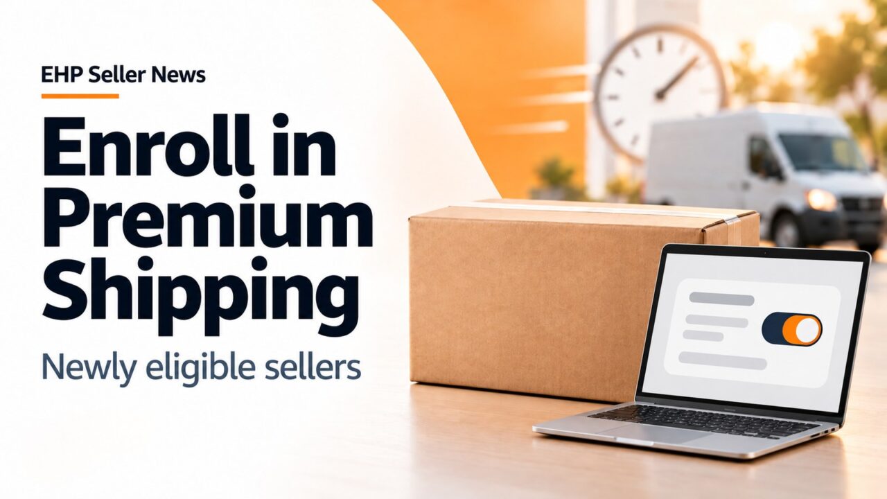 Shipping carton beside an open laptop showing an on-screen slider switch, with a delivery van and clock in the background and the headline Enroll in Premium Shipping and Newly eligible sellers