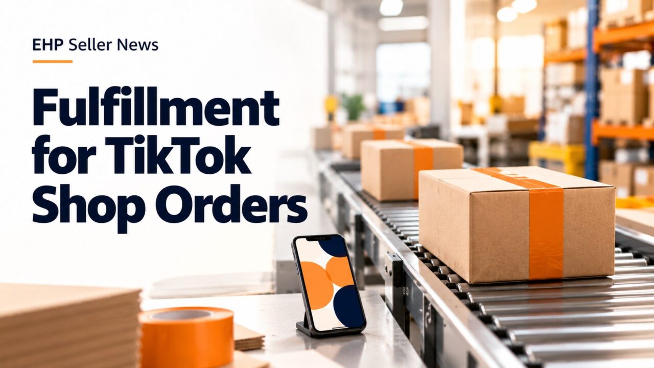 Cardboard parcels with orange tape on a warehouse conveyor beside a phone showing abstract shapes, with the headline Fulfillment for TikTok Shop Orders
