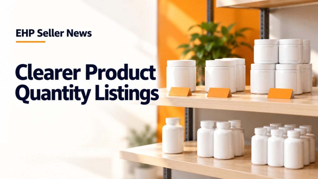White tubs and bottles in single and multi-pack groupings on shelves with blank orange tags, with the headline Clearer Product Quantity Listings
