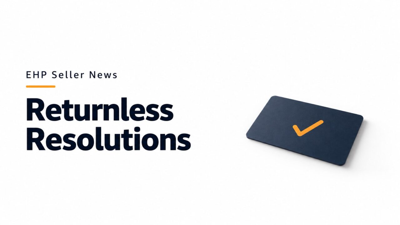 A navy payment card with an orange check mark beside the headline Returnless Resolutions