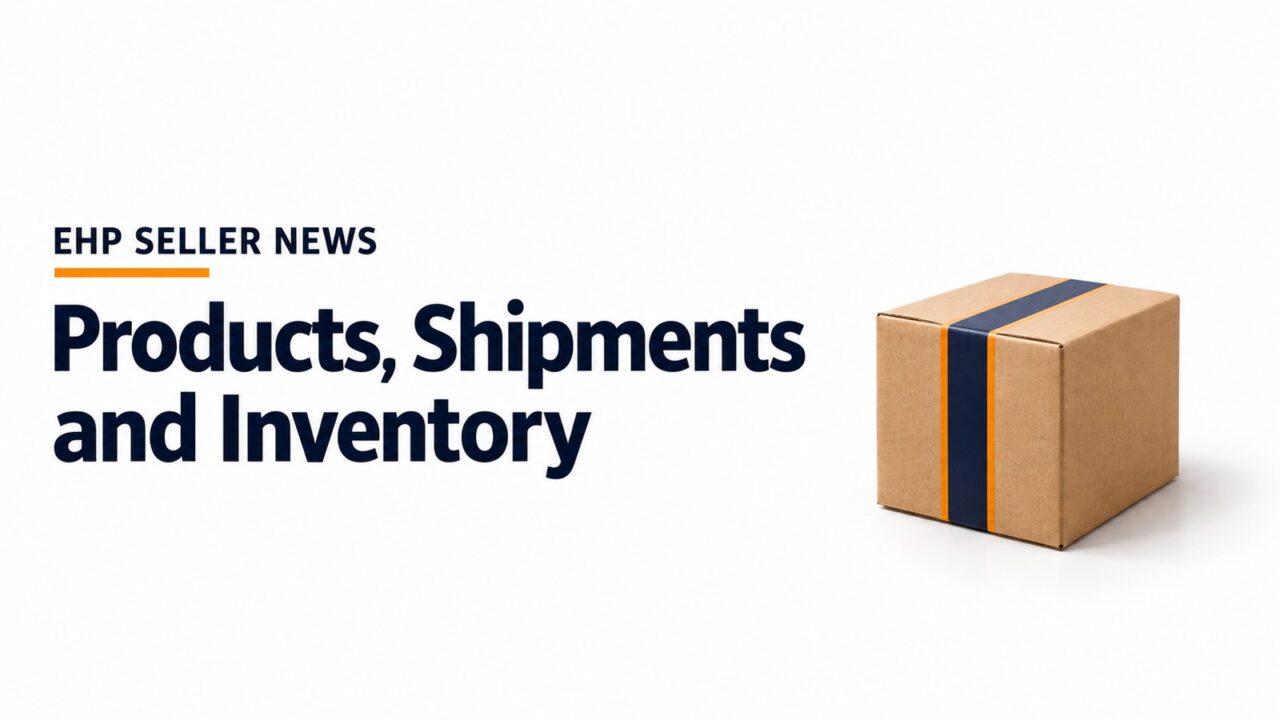 A small cardboard shipping carton with a navy tape stripe beside the headline Products, Shipments and Inventory