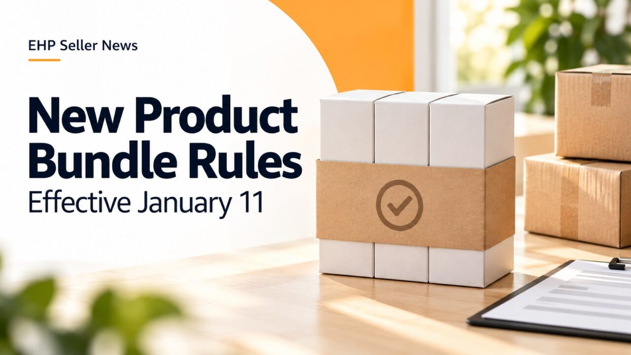 Sealed three-box product bundle with a checkmark band on a table beside shipping cartons, with the headline New Product Bundle Rules and Effective January 11