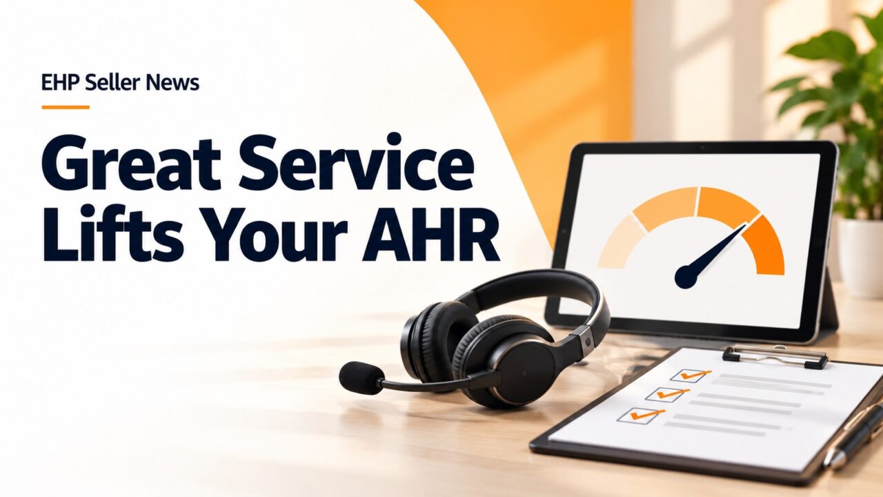 A customer service headset and checklist beside a tablet showing an abstract performance gauge, with the headline Great Service Lifts Your AHR