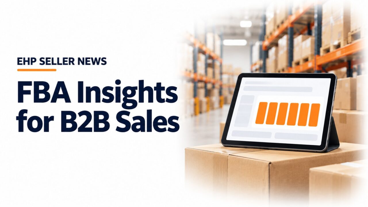 Illustration for an EHP article about FBA inventory insights: a tablet with a simple bar chart in a warehouse aisle. Not an Amazon image.