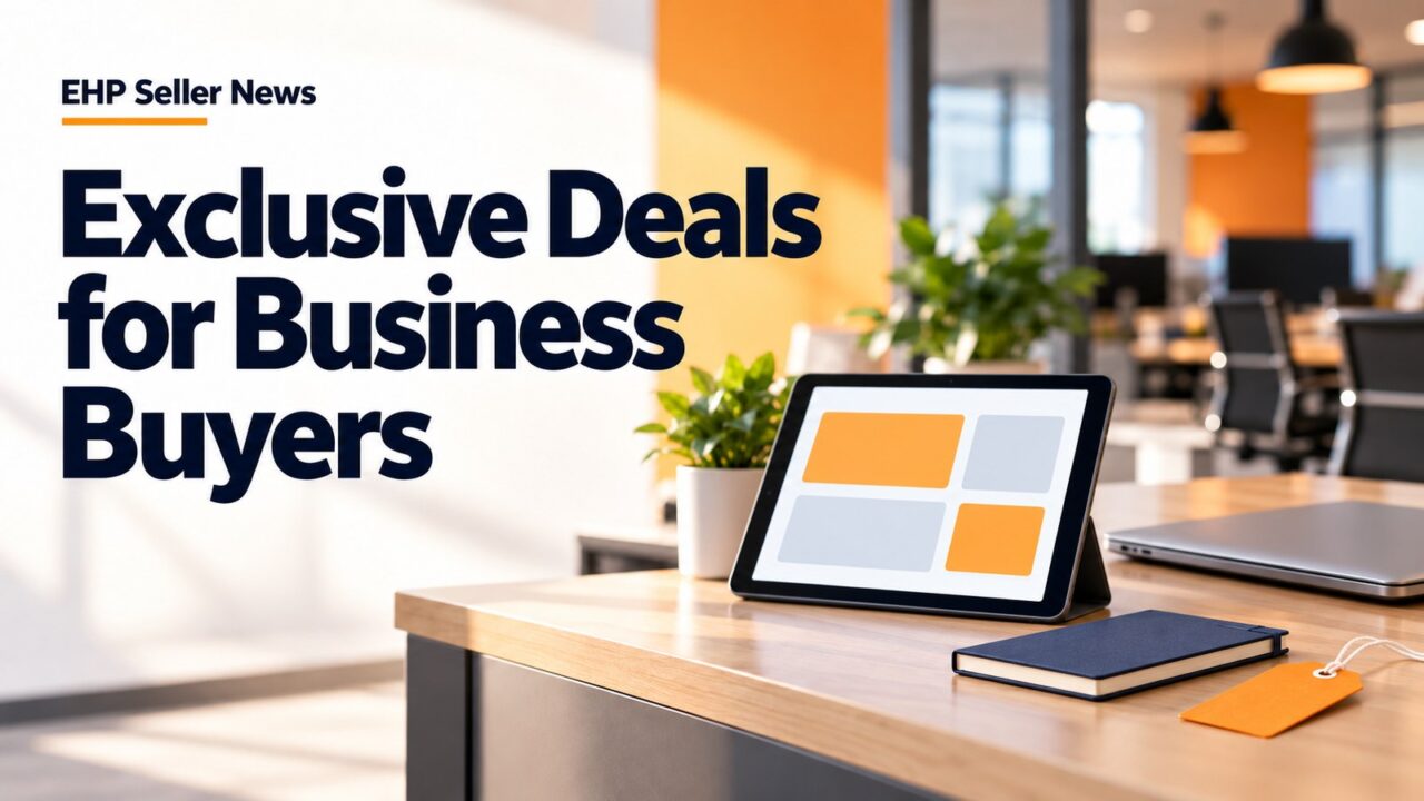 A tablet with abstract colored blocks, a notebook and an orange tag on a conference table in an office, with the headline Exclusive Deals for Business Buyers