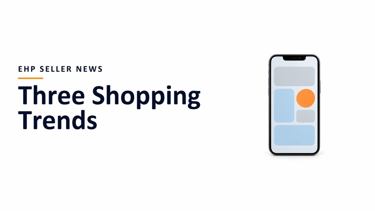 A single smartphone with a simple placeholder screen beside the headline Three Shopping Trends