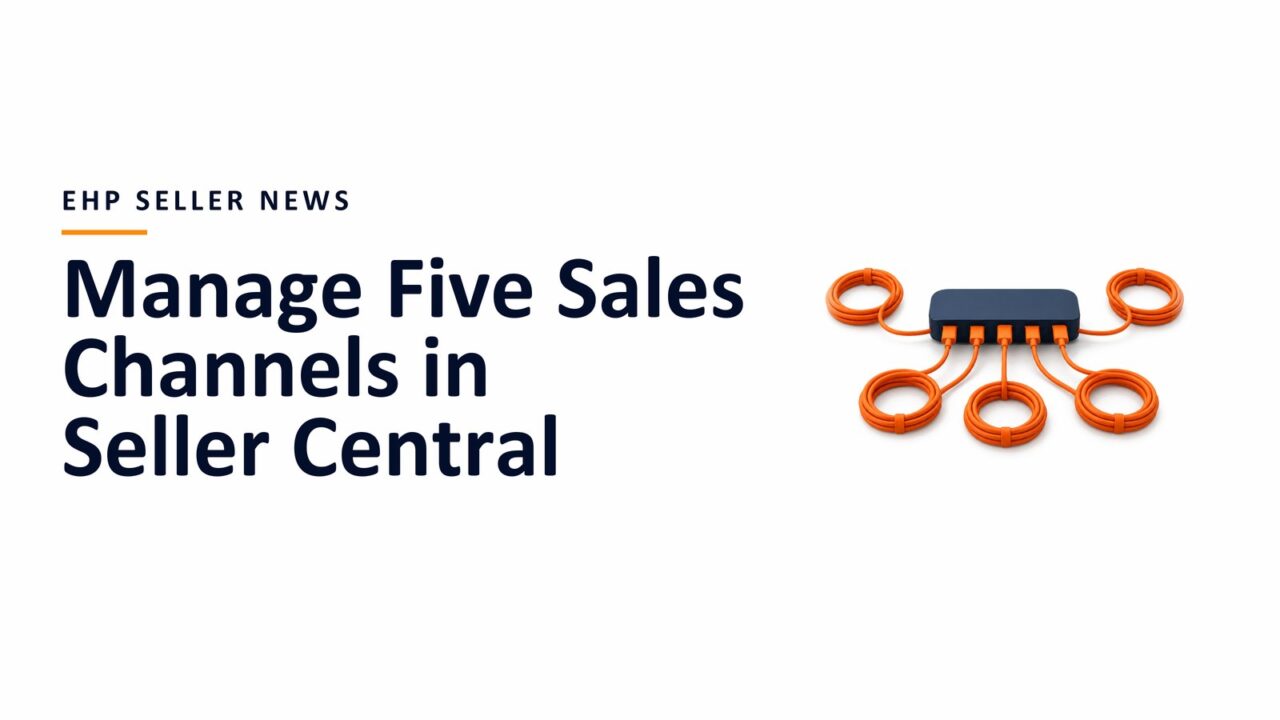 A navy hub with five coiled orange cables beside the headline Manage Five Sales Channels in Seller Central