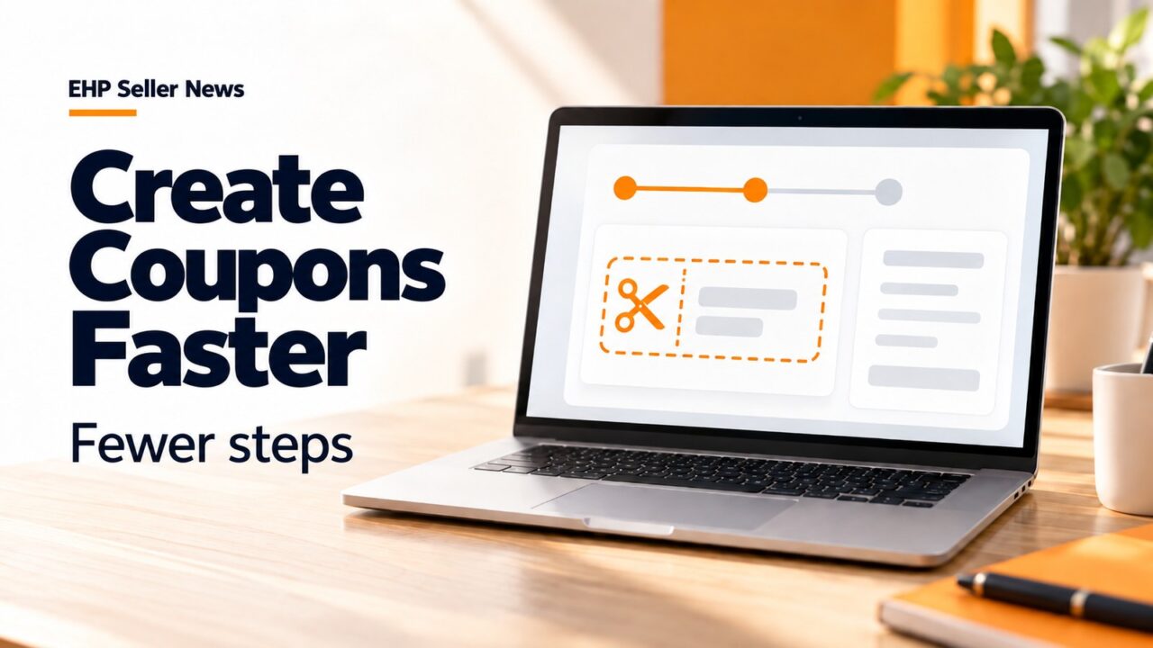 Laptop showing an abstract coupon creation flow with a step tracker on a warm desk, with the headline Create Coupons Faster and Fewer steps