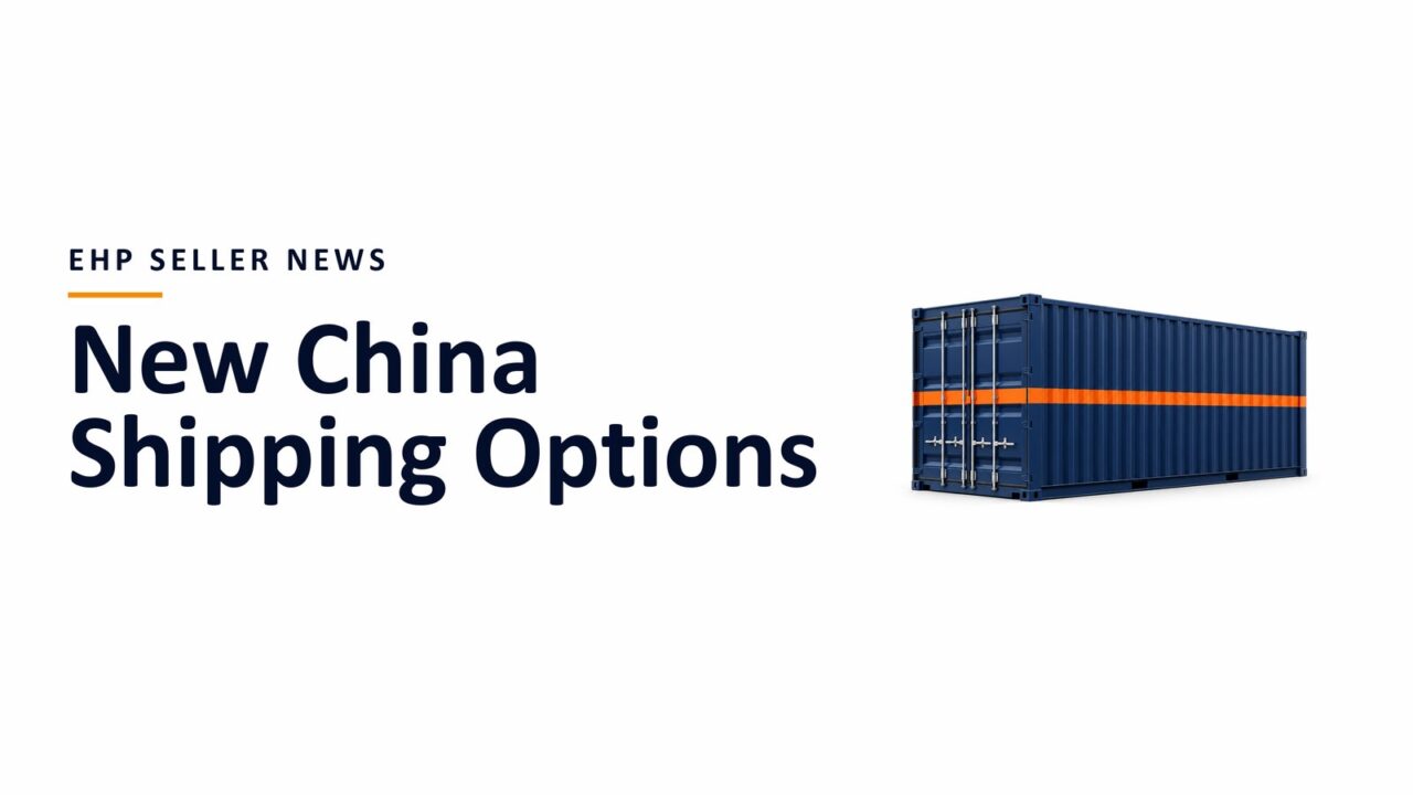 A navy shipping container with an orange stripe beside the headline New China Shipping Options