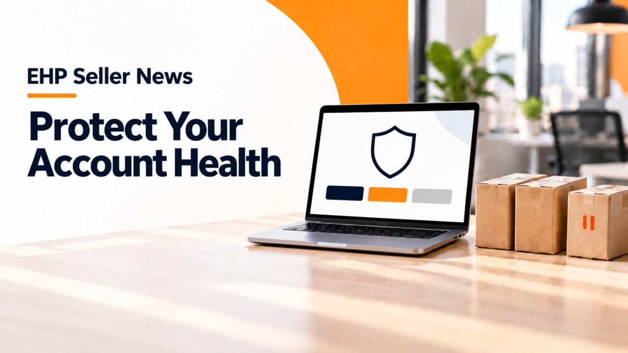 A laptop showing a shield icon and colored status bars beside three cardboard cartons on a desk, with the headline Protect Your Account Health