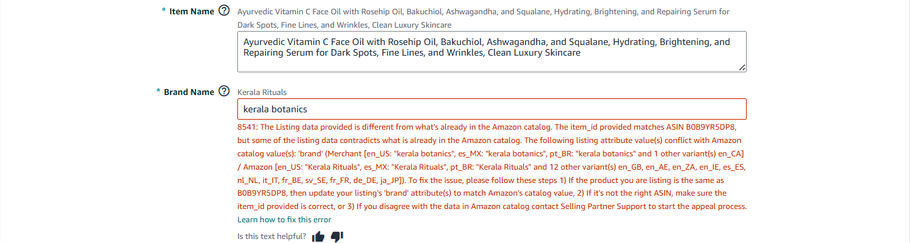 kb-review-e1-error-8541-910 Amazon Seller Central product details: the Brand Name field shows kerala botanics with a red Error 8541 message saying the listing data differs from the Amazon catalog value Kerala Rituals