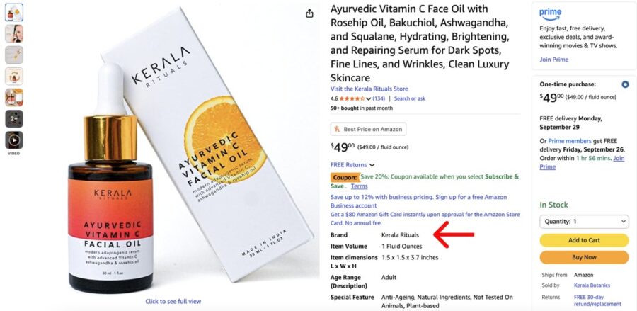 kb-review-e2-before-kerala-rituals-1090 Amazon detail page before the update: Visit the Kerala Rituals Store, 4.6 stars with 134 ratings, and the Brand row reading Kerala Rituals with a red arrow