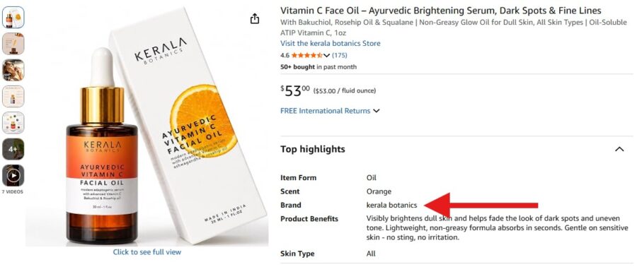 kb-review-e3-after-kerala-botanics-1205 Amazon detail page after the update: Visit the kerala botanics Store, 4.6 stars with 175 ratings, and the Brand row reading kerala botanics with a red arrow