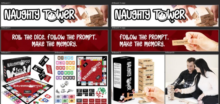 Naughty Tower review draft - e2-design-directions Design artboards for the Naughty Tower Store: logo banners, two slogan banners, Naughtyopoly board and game pieces, Naughty Tower box, and a couple playing