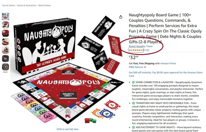 Naughty Tower review draft - e4-listing-brand-link Naughtyopoly Amazon listing with the brand link reading Brand: Naughty Tower, circled in red by the team