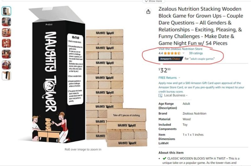 Naughty Tower review draft - e8-amazons-choice Naughty Tower listing, spring 2023, with the Amazon's Choice badge for adult couple games, circled by the team