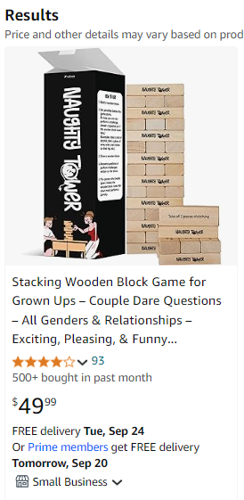 Naughty Tower review draft - e9-search-2024 Amazon search result on 19 September 2024 for naughty jenga showing the Naughty Tower game with 93 ratings and 500+ bought in past month