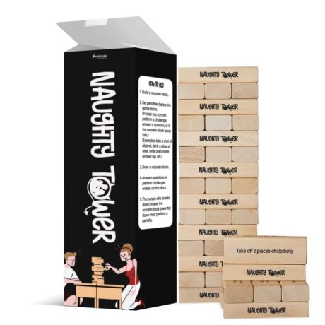 Naughty Tower review draft - nt-hero Naughty Tower stacking block game: black box with the Naughty Tower logo beside a stack of printed wooden blocks