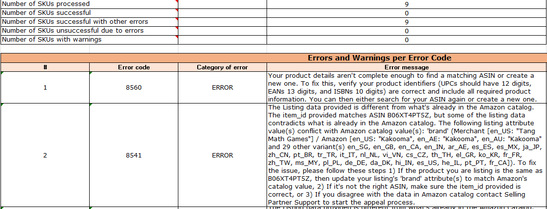 tm-review-e1-feed-processing-summary-1104 Excel processing summary from Amazon showing nine SKUs processed and Error 8541 rows: listing brand Tang Math Games conflicts with catalog value Kakooma